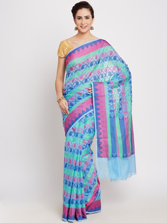 Blue Patterned Cotton Banarasi Saree