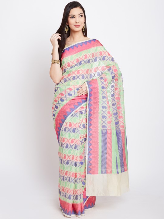 Beige & Blue Patterned Tussar Cotton Banarasi Saree