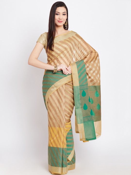 Beige Self-Striped Cotton Banarasi Saree