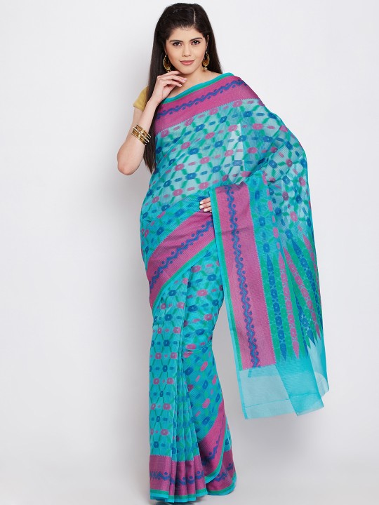 Blue Patterned Supernet Cotton Banarasi Saree
