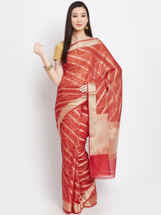 Red Patterned Supernet Cotton Banarasi Saree
