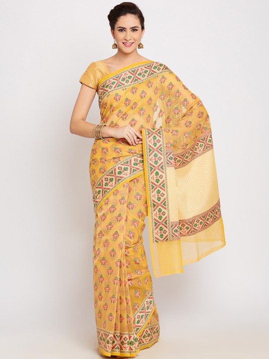 Yellow Patterned Supernet Cotton Banarasi Saree