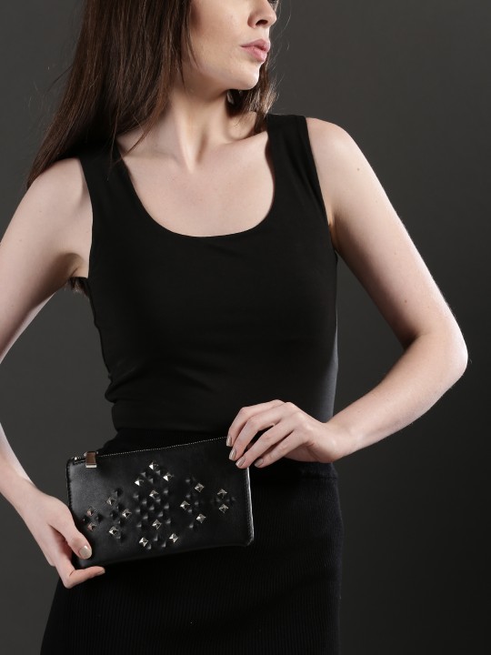 Black Nappa Leather Clutch with Studded Detail