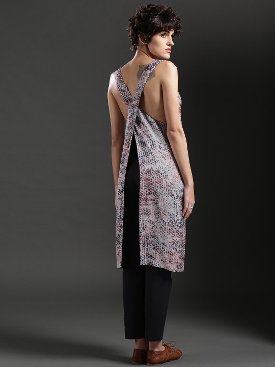 Grey & Navy Bubble Print Overlapping Apron Dress