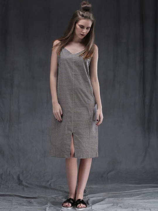 Navy & Beige Checked Hampsted Strap Slip Dress