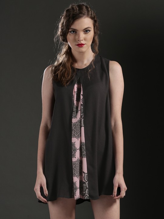 Charcoal Grey & Pink Printed A-Line Dress