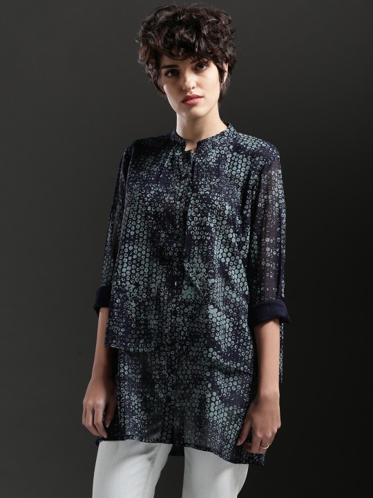 Navy Bubble Print Layered Sheer Shirt