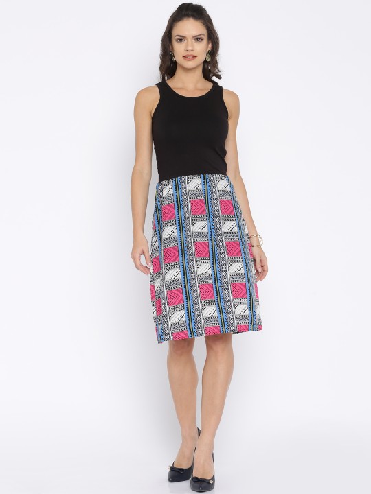Women Black Printed A-Line Dress XS