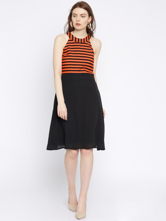 Women Orange & Black Striped A-Line Dress XS