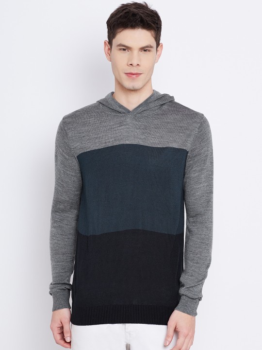 Men Blue & Grey Melange Colourblocked Hooded Sweater S