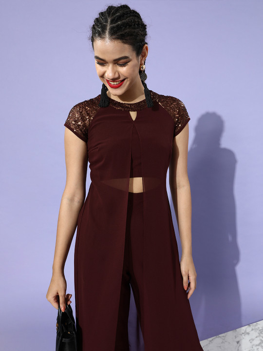 Miss Chase Women Charming Maroon Solid Bling and Sparkly Jumpsuit