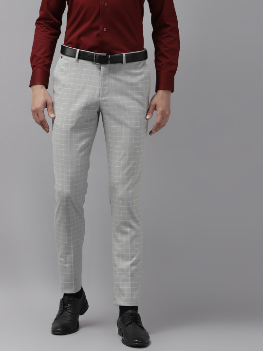 Blackberrys Men Grey Checked B-91 Tapered Fit Low-Rise Trousers