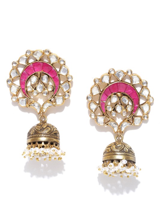 Pink Gold-Plated Silver Handcrafted Kundan Jhumka Earrings