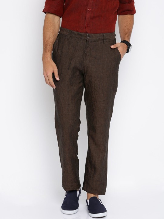 Men Brown Solid Slim Fit Casual Trousers 30
