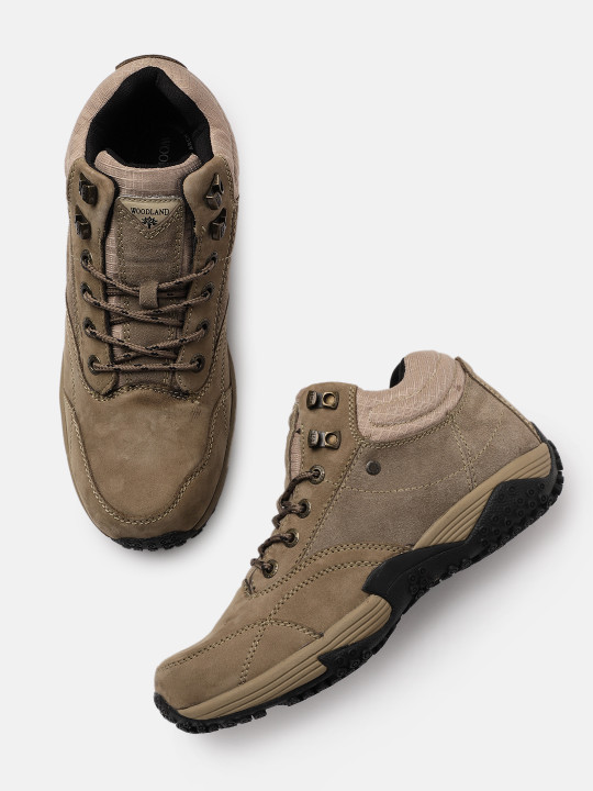 Woodland Men Khaki Leather Sneakers