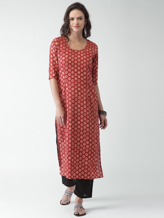 Women Rust Red & Beige Floral Print Straight Kurta S