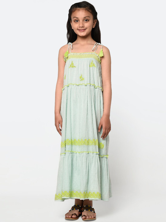 BLANC9 Green Floral Embroidered Tiered Maxi Dress