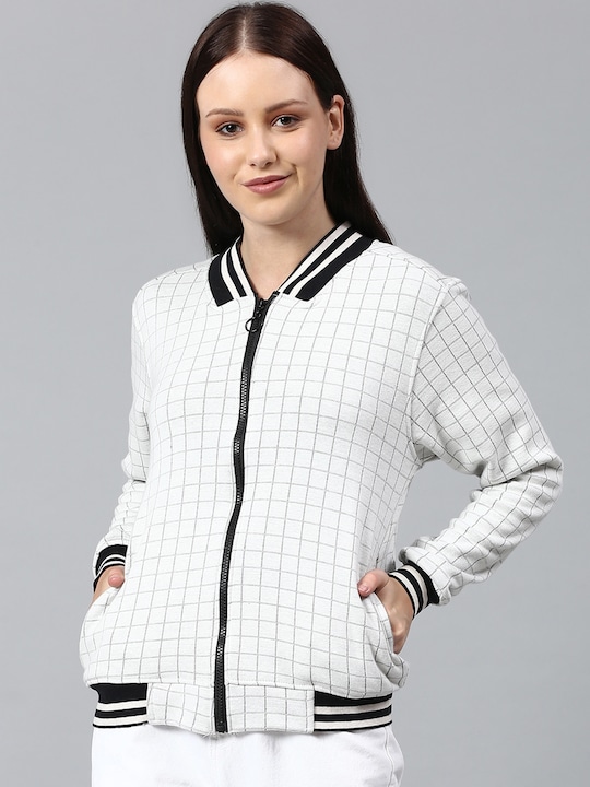 Campus Sutra Women Off White Checked Windcheater Outdoor Varsity Jacket with Embroidered