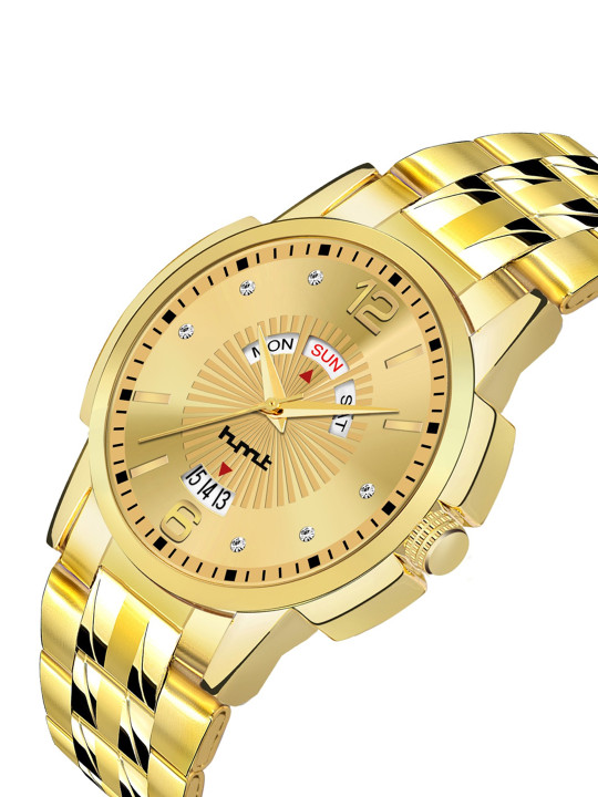 men gold-toned dial & gold toned stainless steel bracelet style straps analogue watch hmty-7008