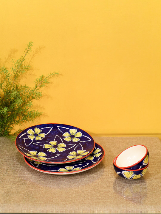 AAKRITI ART CREATIONS Blue & Yellow 4 Pieces Floral Printed Ceramic Glossy Plates