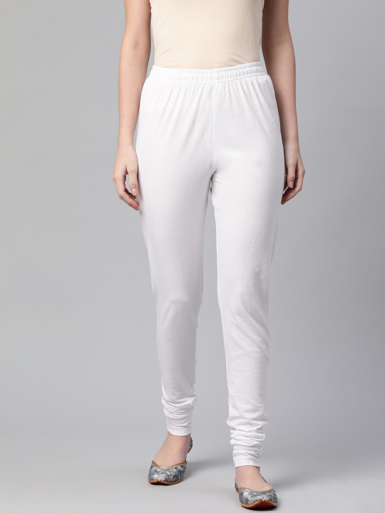 Rangriti Women White Solid Knitted Pure Cotton Slim Fit Mid-Rise Churidar