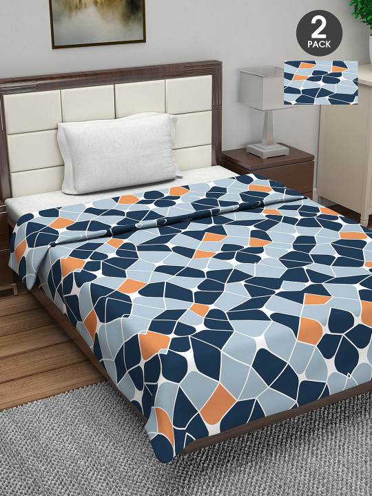 Divine Casa Navy Blue & Orange Set of 2 Geometric AC Room 110 GSM Single Bed Dohar