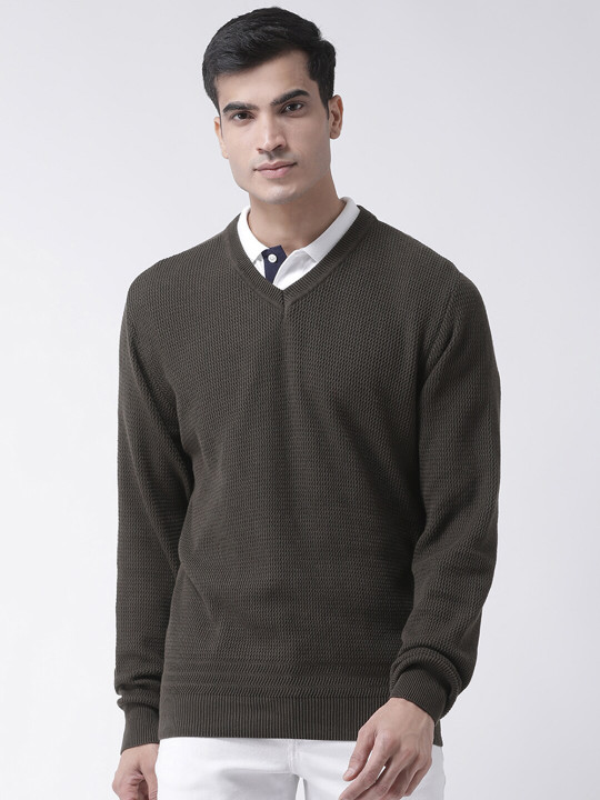 Club York Men Olive Green Self Design V-neck Sweater Vest