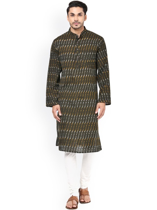 Men Black Handloom Straight Kurta L