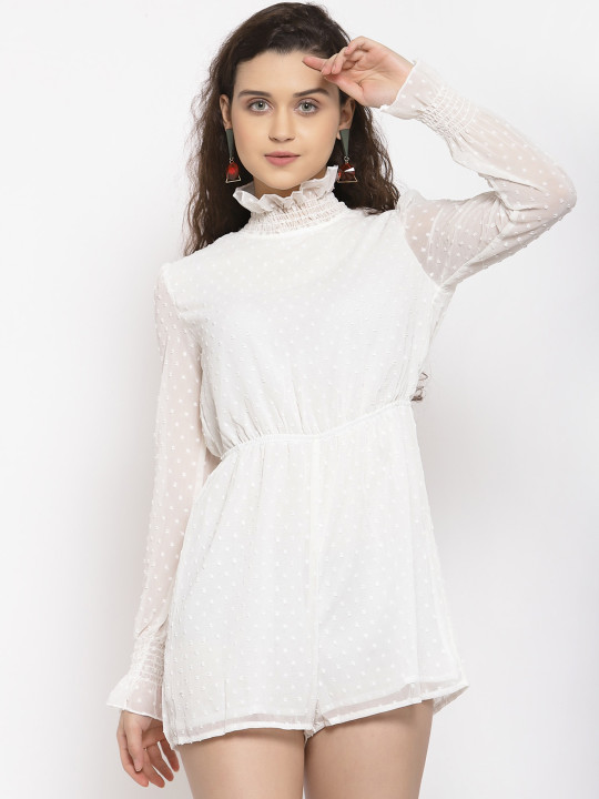 iki chic Women White High-Neck Smocking Jumpsuit