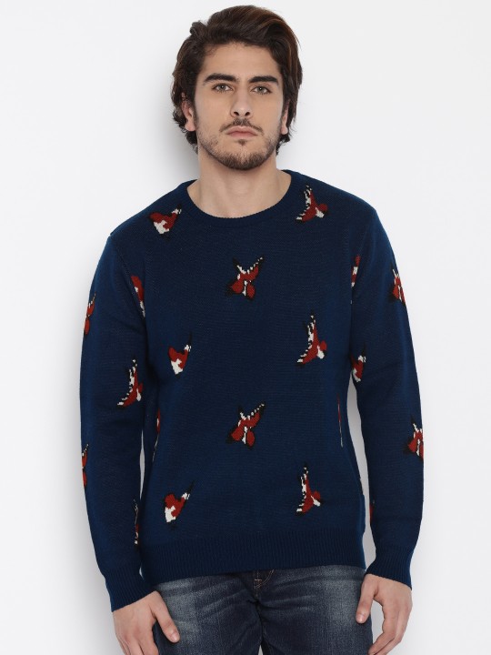 Men Blue Self-Design Sweater M