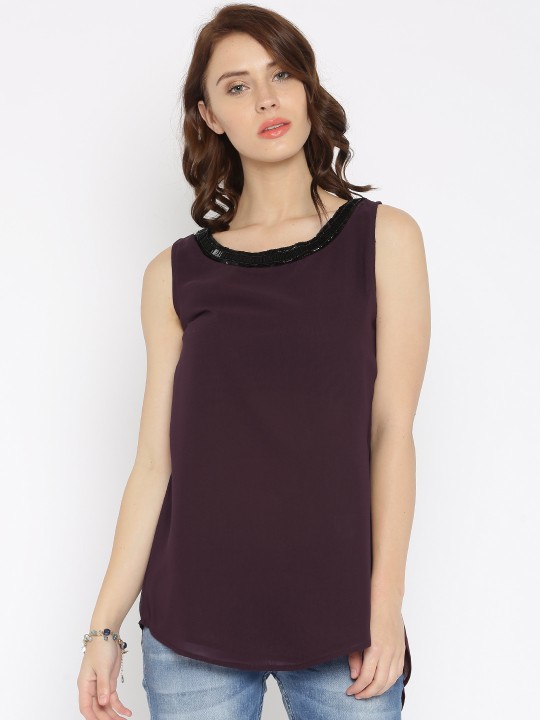 Women Burgundy Solid Embellished Top S