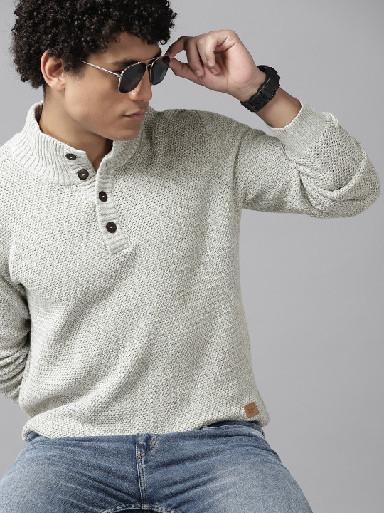 Roadster The Lifestyle Co. Men Grey Melange Solid Pure Cotton Pullover