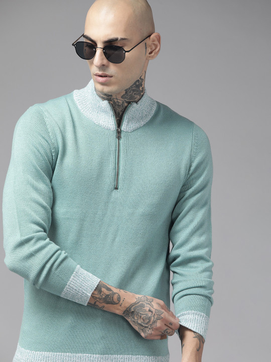 Roadster The Lifestyle Co. Men Blue Solid Acrylic Half-Zipper Pullover