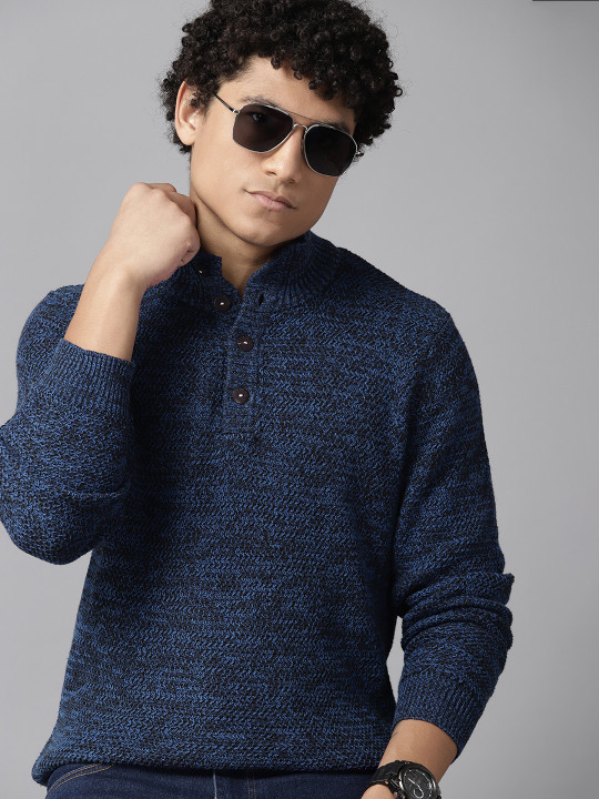 Roadster The Lifestyle Co. Men Navy Blue & Black Solid Pure Cotton Pullover
