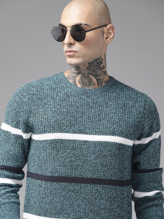 Roadster The Lifestyle Co. Men Teal Green & White Striped Acrylic Pullover