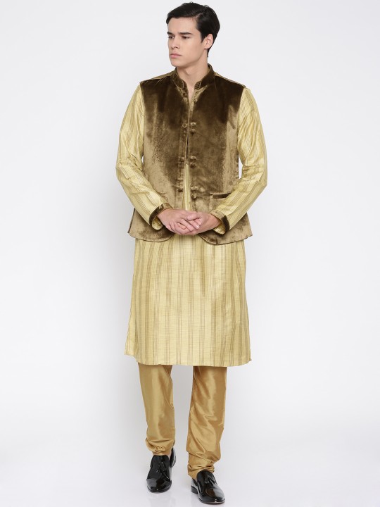 Beige & Brown Kurta Pyjama with Nehru Jacket XS