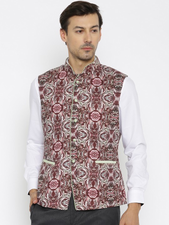 Burgundy & Off-White Linen Nehru Jacket S