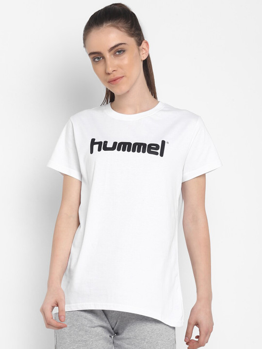 hummel Women White & Black Brand Logo Printed Pure Cotton T-shirt