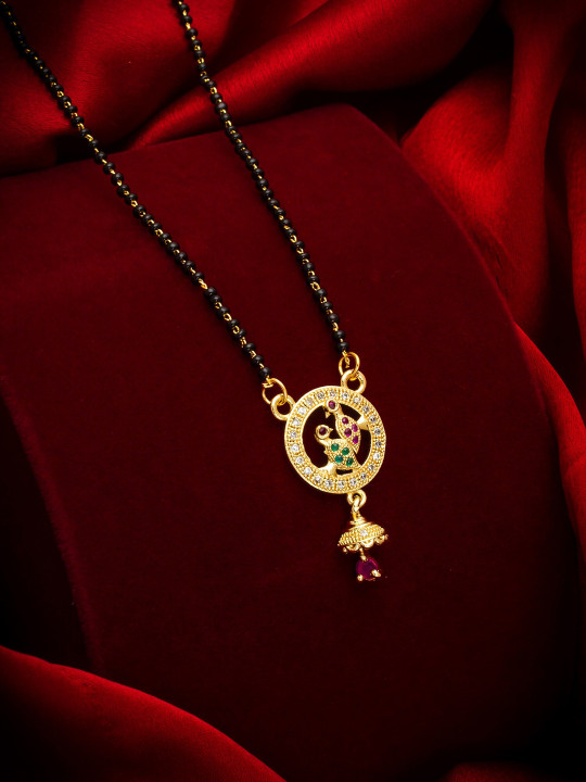 aadita Gold-Plated White & Black AD-Studded & Beaded Mangalsutra