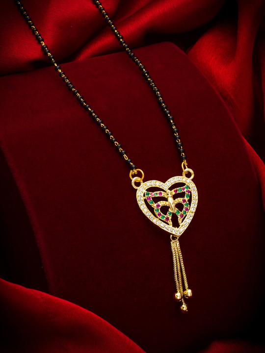 aadita Gold-Toned Black & White AD-Studded & Beaded Mangalsutra