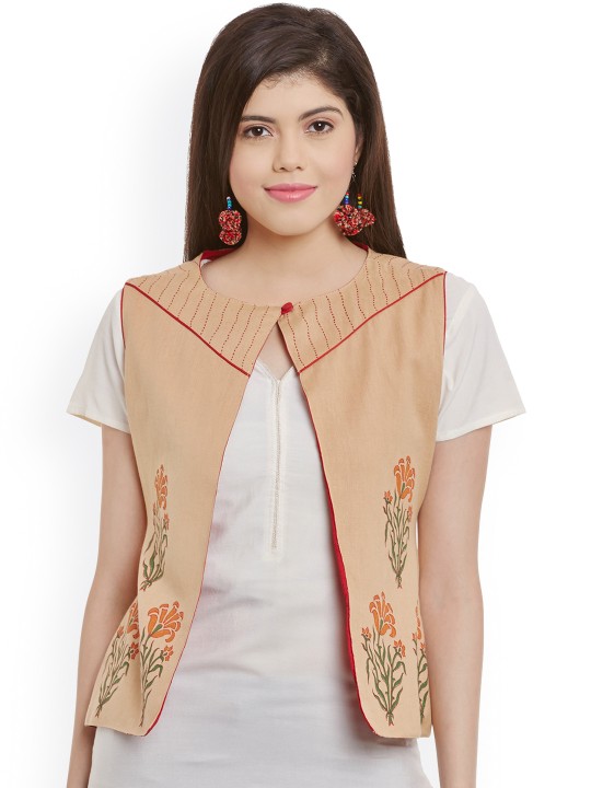 Beige Block Print Waistcoat M
