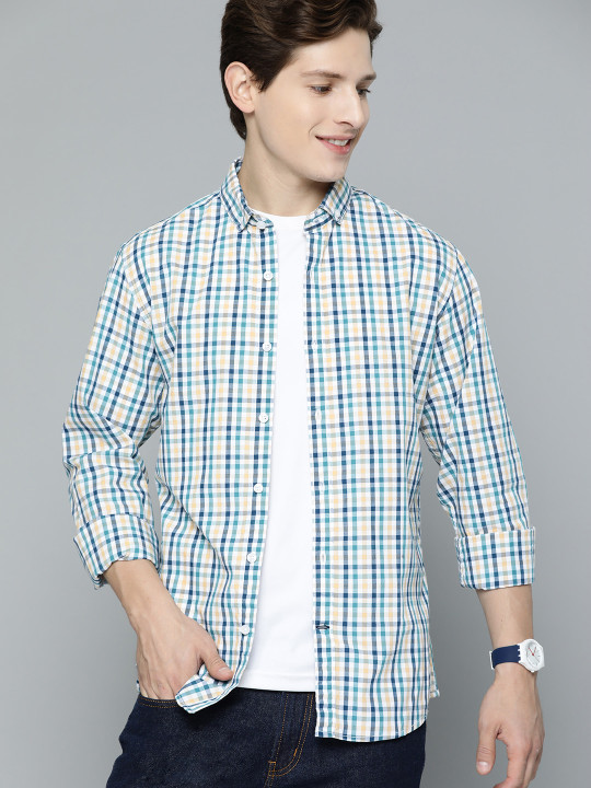 Mast & Harbour Men White & Blue Tartan Checked Casual Shirt