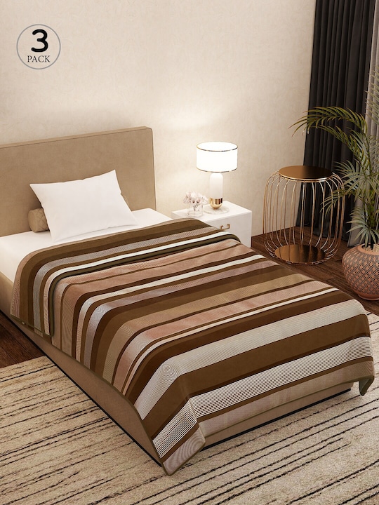 Story@Home Brown Set of 3 Striped AC Room 400 GSM Single Bed Blanket