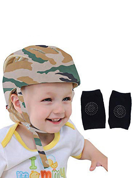 Kids Green & Beige Printed Safety Helmet With Corner Guard & Kneepads