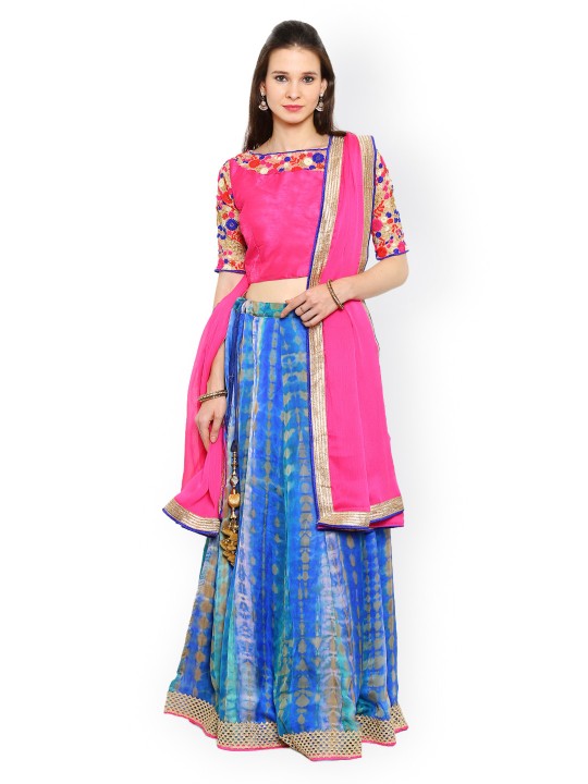 Pink & Blue Semi-Stitched Lehenga Choli with Dupatta