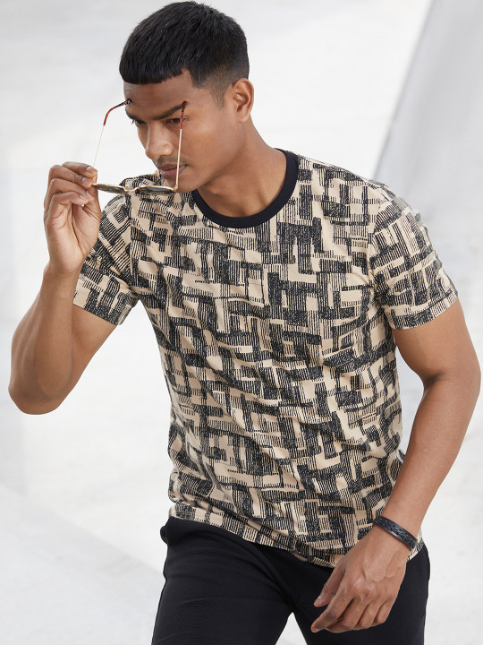 DAMENSCH Men Peach-Coloured & Black Printed T-shirt