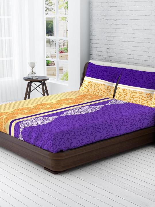 Purple & Yellow 144 TC Fine Cotton Double Bedsheet with 2 Pillow Covers