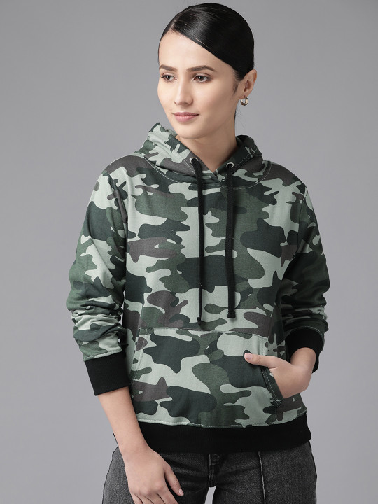 The Dry State Women Olive Green Printed Hooded Sweatshirt