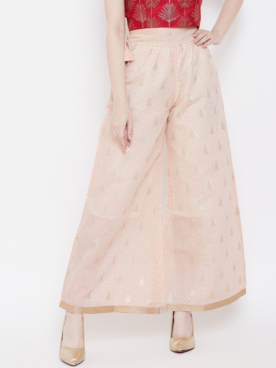 Be Indi Women Gold-Toned & Red Ethnic Motifs Printed Ethnic Palazzos
