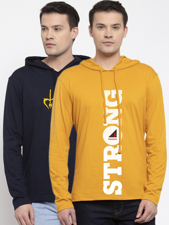 Friskers Men Pack Of 2 Navy Blue & Yellow Typography Printed T-shirt